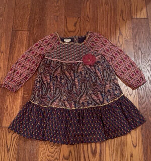Monsoon Y2K Boho Dress Girls 5/6 Geometric Purple Pink Paisley Sequins Vintage